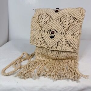 Cream Macrame Crochet Crossbody Bag Wood Beads Fringe Boho Festival‎ Beachy